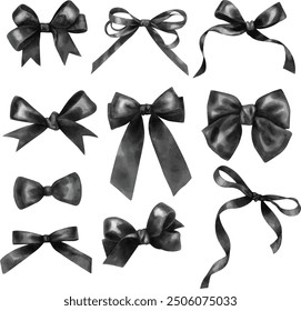 Vector Set of bows black color set. Watercolor hand drawn illustration isolated on a white background