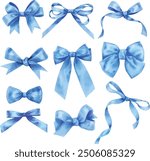 Vector Set of bows blue color set. Watercolor hand drawn illustration isolated on a white background