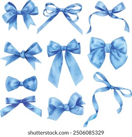 Vector Set of bows blue color set. Watercolor hand drawn illustration isolated on a white background