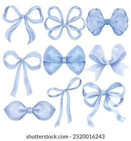 Vector Set of bows blue color. Watercolor stye hand drawn illustration isolated on a white background