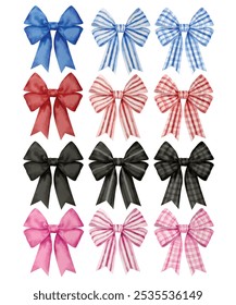 Vector set of bows. Digitally drawn to look like watercolor style illustrations. Isolated on white background.