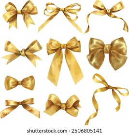 Vector Set of bows glod color set. Watercolor hand drawn illustration isolated on a white background