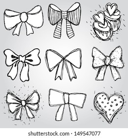Vector set of bows, hearts, cupcakes sketch contour pen black and white 