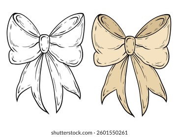 Vector set of bows in lines and colors. Beige fabric bow illustration, hand drawn graphics. Dziayin and design. Festive elegant bow of beige color