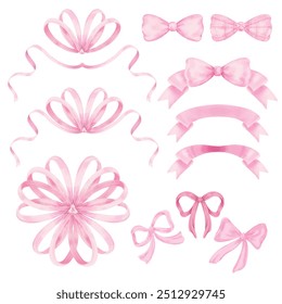 Vector Set of bows pale pink color. Watercolor hand drawn illustration isolated on a white background