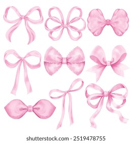 Vector Set of bows pale pink color. Watercolor hand drawn illustration isolated on a white background