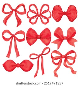 Vector Set of bows red color. Watercolor stye hand drawn illustration isolated on a white background