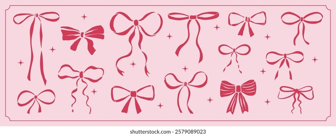 Vector set of bows and ribbons. Hand drawn bow knots for greeting cards, gifts, posters, banners, invitations and party backgrounds.
