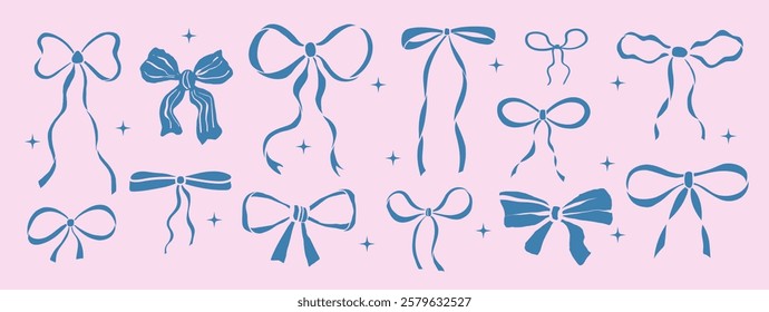 Vector set of bows and ribbons. Hand drawn bow knots for greeting cards, gifts, posters, banners, invitations and party backgrounds.
