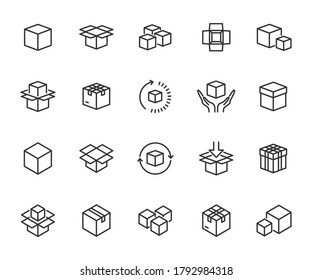 Conjunto de vectores de iconos de línea de caja. Contiene iconos de empaquetado, producto, caja abierta, paquete, carga del producto, tiempo de entrega, devolución del producto y más. Pixel perfecto.