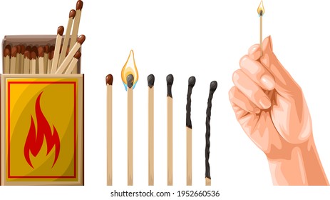 Vector set of box of matches, burning match in a hand.