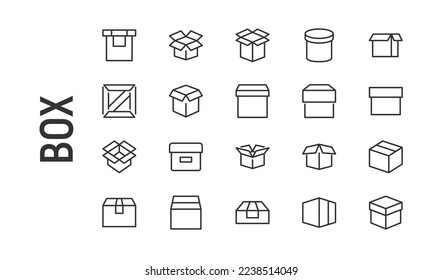 Vector set of box thin line icons. Design of 20 stroke pictograms. Signs of box isolated on a white background.