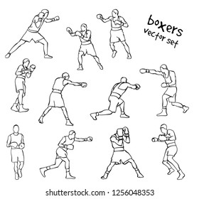 Vector set of boxers silhouettes. Stock handwritten illustration for design.