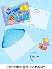 Vector set for boy birthday from templates cards from postcards, stamps and envelopes