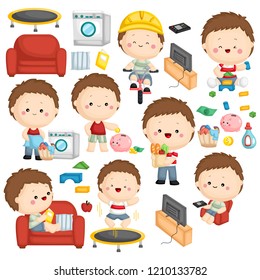 a vector set of a boy doing many activities