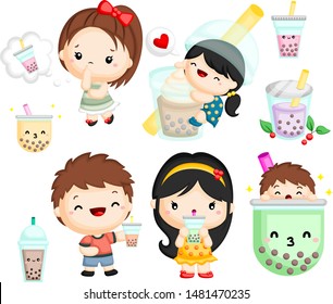 a vector set of a boy and girl with bubble tea