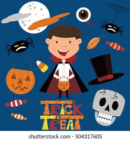 Vector set with boy in vampire costume and Halloween objects. Holidays icon set with candies. 