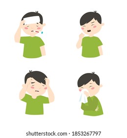Vector set of boy with viral disease symptoms. Virus. Covid 19. Colds, flu, fever, runny nose, headache
