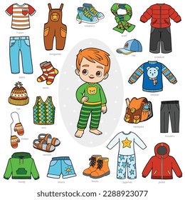 Vector set of boys clothes, color collection of cartoon kids accessories and clothing