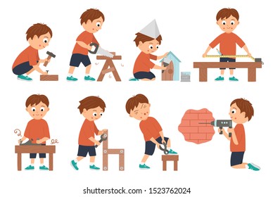 Vector set of boys doing carpenter, building or wood work. Flat funny kid character sawing, nailing up, measuring, drilling a wall, screwing, working with plane, painting a nestling box. Craft lesson