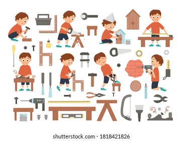 Vector set of boys doing carpenter, building or wood work and tools. Flat funny kid character sawing, nailing up, measuring, drilling a wall, screwing, working with plane, painting a nestling box. 
