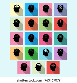 Vector set of brain activity icons with long shadow. Creative logo design. Modern vector pictogram concept for web design