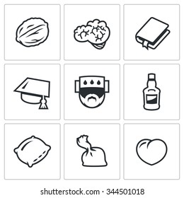 Conjunto vectorial de iconos de desarrollo cerebral. Nuez, Cerebro, Lectura, Educación, Enfermedad, Bebida, Dormir, Drogas, Amor. Tuerca, Hemisferio, Libro, Sombrero Científico, Temperatura, Frasco, Almohada, Dosis, Corazón