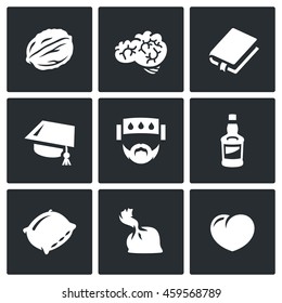 Vector Set of Brain Development Icons. Walnut, Brain, Reading, Education, Disease, Drink, Sleep, Drugs, Love.