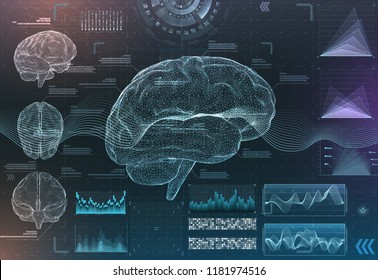 Vector Set Of Brain Research Interfaces. Functional Magnetic Resonance Imaging. Hud In Blue Tones