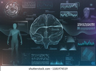 Vector Set Of Brain Research Interfaces. Functional Magnetic Resonance Imaging. Hud In Blue Tones