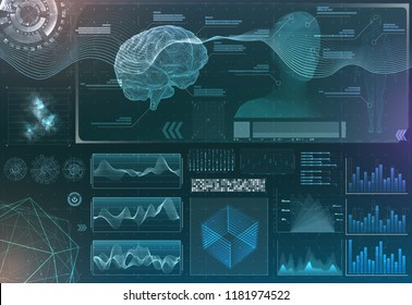 Vector Set Of Brain Research Interfaces. Functional Magnetic Resonance Imaging. Hud In Blue Tones