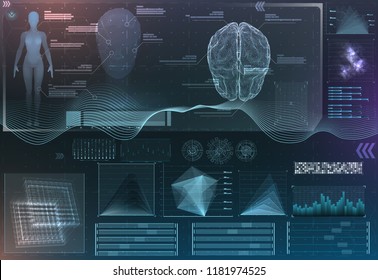 Vector Set Of Brain Research Interfaces. Functional Magnetic Resonance Imaging. Hud In Blue Tones