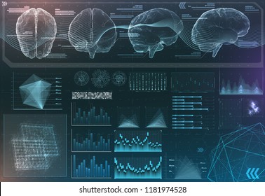 Vector Set Of Brain Research Interfaces. Functional Magnetic Resonance Imaging. Hud In Blue Tones