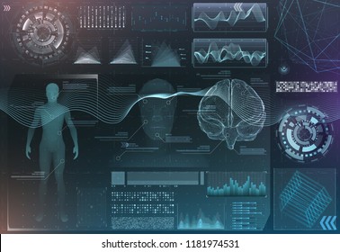 Vector Set Of Brain Research Interfaces. Functional Magnetic Resonance Imaging. Hud In Blue Tones