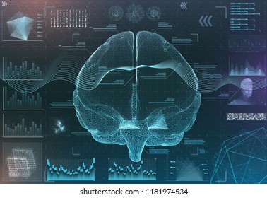 Vector Set Of Brain Research Interfaces. Functional Magnetic Resonance Imaging. Hud In Blue Tones