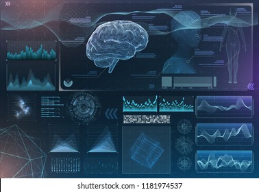 Vector Set Of Brain Research Interfaces. Functional Magnetic Resonance Imaging. Hud In Blue Tones