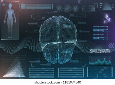 Vector Set Of Brain Research Interfaces. Functional Magnetic Resonance Imaging. Hud In Blue Tones