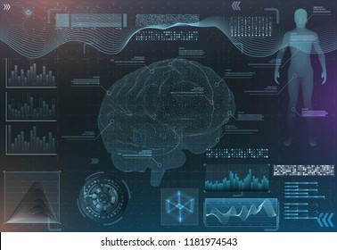 Vector Set Of Brain Research Interfaces. Functional Magnetic Resonance Imaging. Hud In Blue Tones