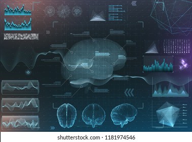 Vector Set Of Brain Research Interfaces. Functional Magnetic Resonance Imaging. Hud In Blue Tones