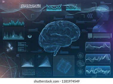 Vector Set Of Brain Research Interfaces. Functional Magnetic Resonance Imaging. Hud In Blue Tones