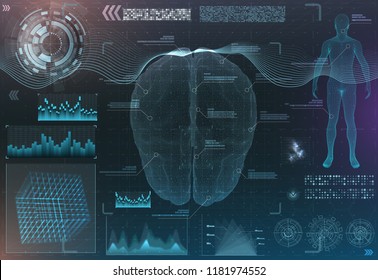 Vector Set Of Brain Research Interfaces. Functional Magnetic Resonance Imaging. Hud In Blue Tones