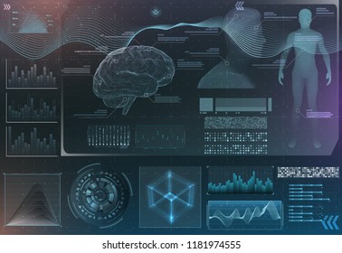 Vector Set Of Brain Research Interfaces. Functional Magnetic Resonance Imaging. Hud In Blue Tones