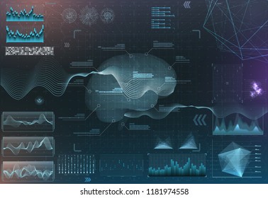 Vector Set Of Brain Research Interfaces. Functional Magnetic Resonance Imaging. Hud In Blue Tones