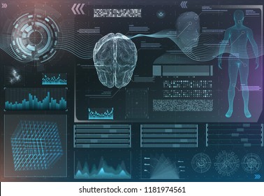 Vector Set Of Brain Research Interfaces. Functional Magnetic Resonance Imaging. Hud In Blue Tones