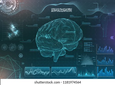 Vector Set Of Brain Research Interfaces. Functional Magnetic Resonance Imaging. Hud In Blue Tones