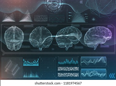 Vector Set Of Brain Research Interfaces. Functional Magnetic Resonance Imaging. Hud In Blue Tones