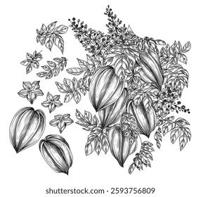 Vector set with a branch with carambola, a piece, a half of a fruit. Grocery store brochure. Fresh farm fruits. Organic farming. Nutrition banner, healthy eating