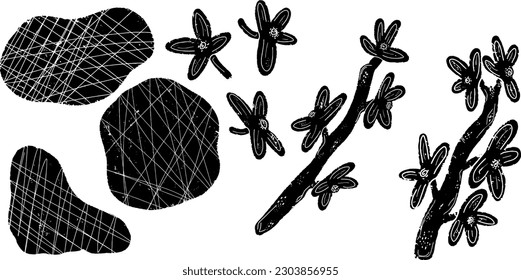 Vector set. Branches with flowers and textural spots. Grunge, grainy texture. Black illustrations in linocut style. Element for design