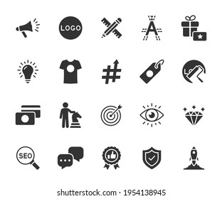 Conjunto de vectores de iconos planos de marca. Contiene iconos de identidad corporativa, logotipo, nombre, misión, visión, publicidad, valores, estrategia, cambio de marca y más. Pixel perfecto.