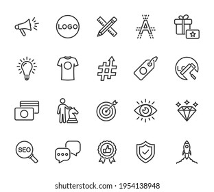 Conjunto de vectores de iconos de línea de marca. Contiene iconos de identidad corporativa, logotipo, nombre, misión, visión, publicidad, valores, estrategia, cambio de marca y más. Pixel perfecto.